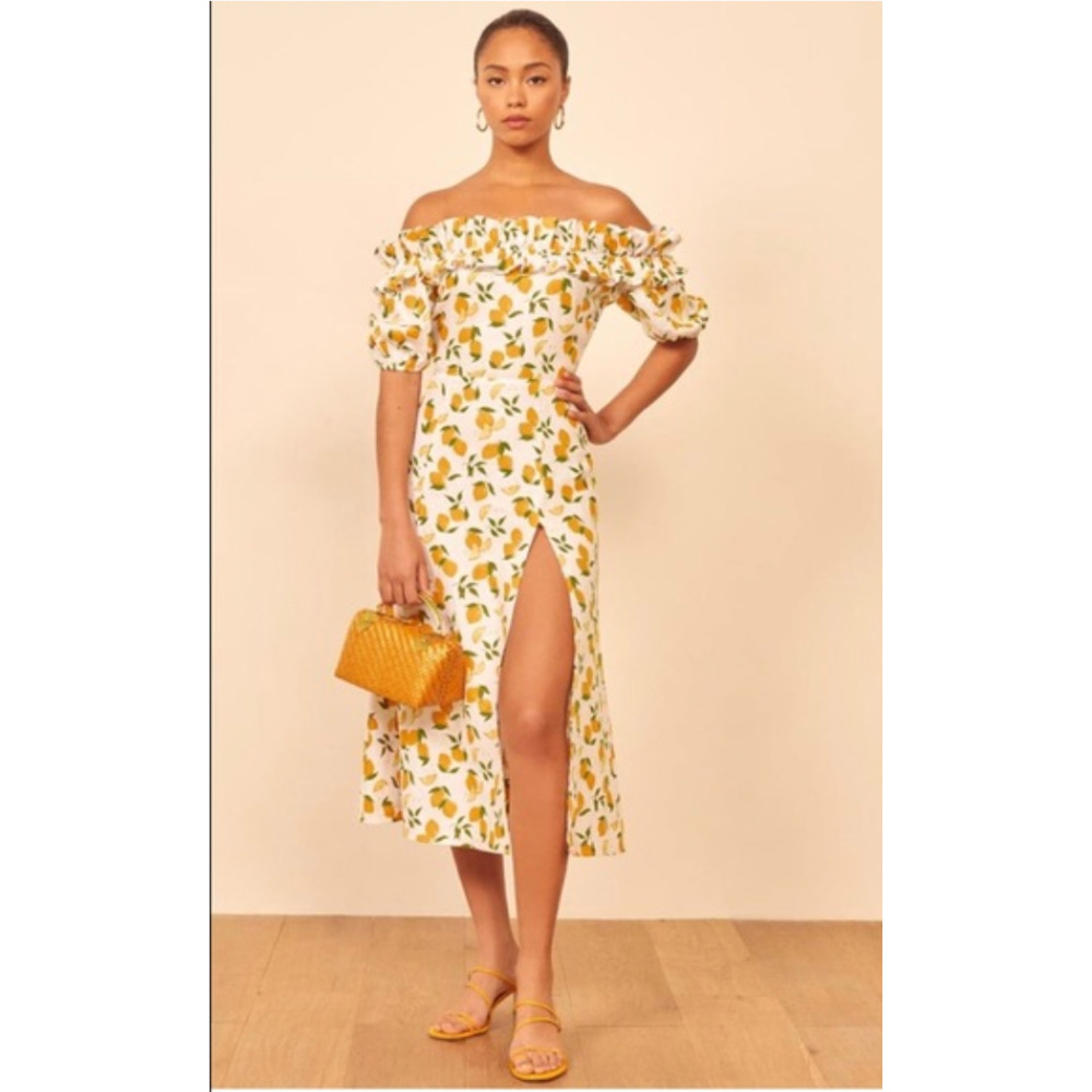 Reformation Marley Linen Off The Shoulder Midi Dress Lemonade Yellow Size 4